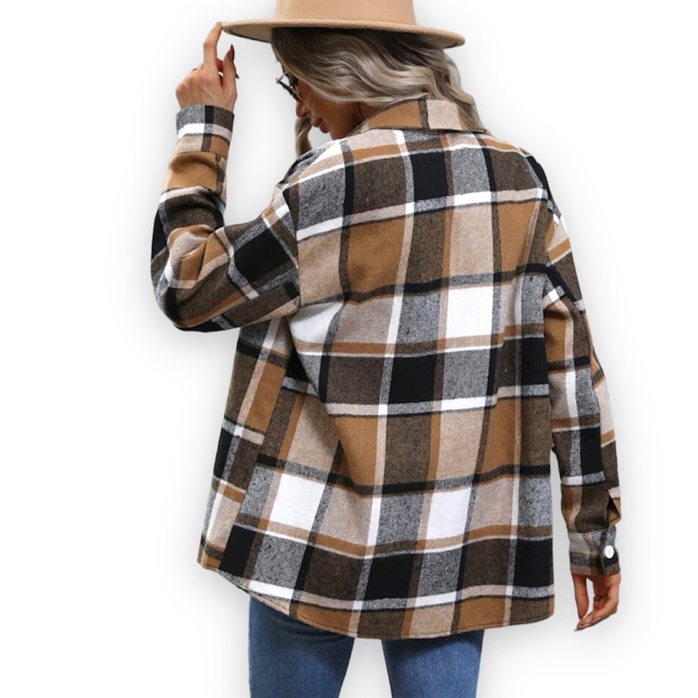 New Bohemian Casual Khaki Soft Collard Plaid Print Button Front Blouse Large - Picture 6 of 11